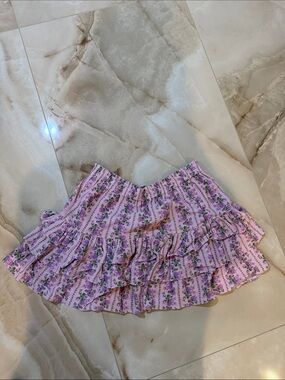LoveShackFancy Lilac Floral Tiered Ruffle Mini Skirt